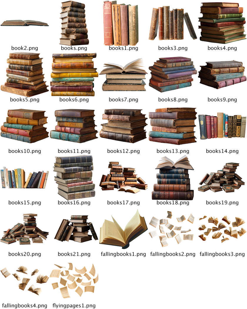 Vintage Book PNG Overlay Bundle – Antique Books, Falling Pages & Open Book Clipart (25+ PNG Files)