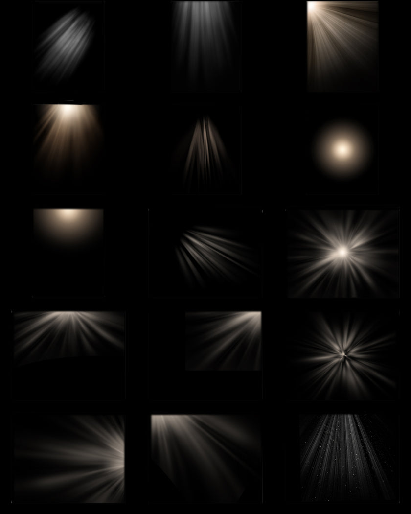 15 Light Ray Overlays – Magical Glow & Spotlight Effects for Photoshop (PNG Format)